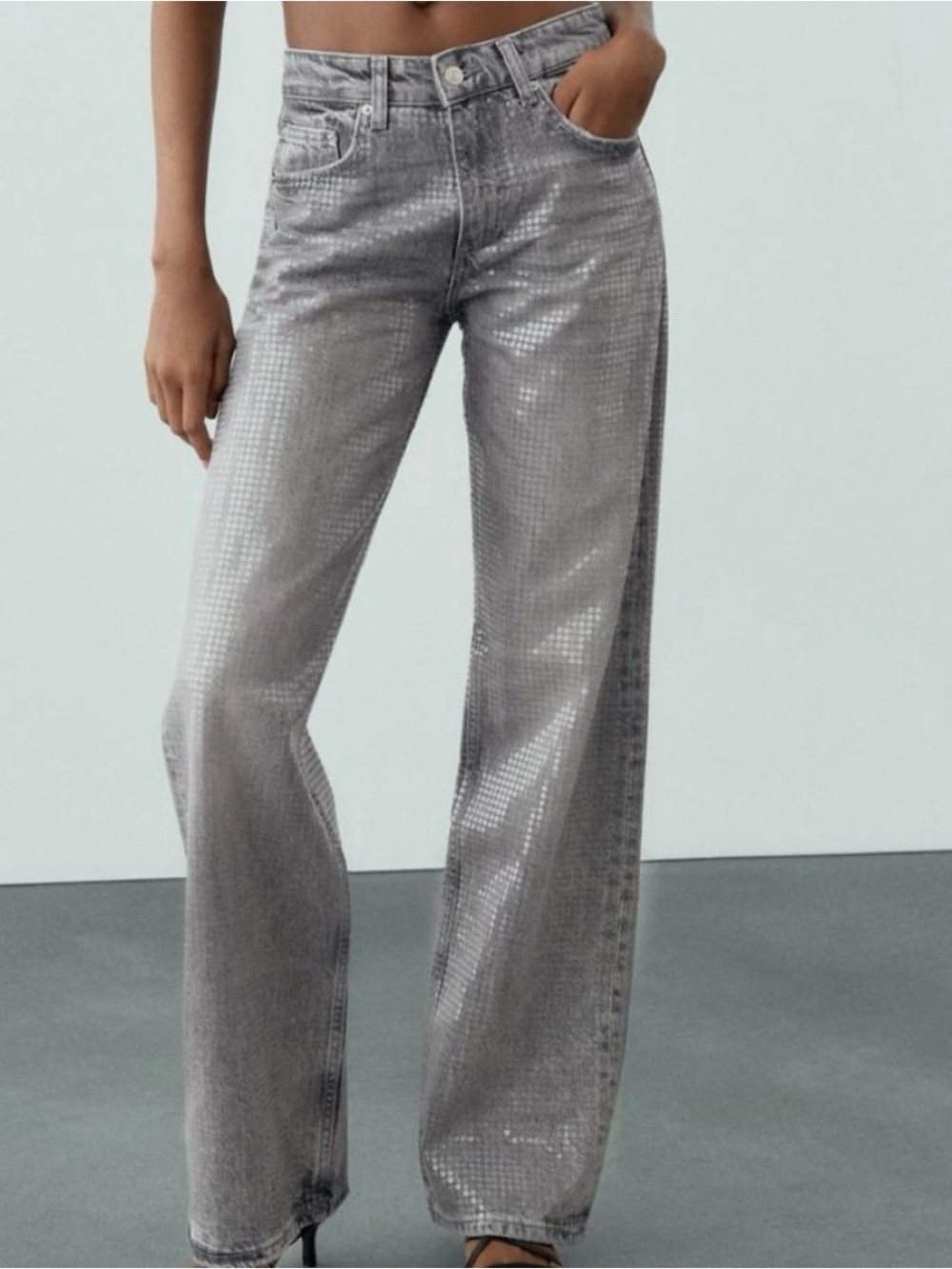 ZARA Mid-Rise Wide-Leg Clear Sequin Foil Jeans Light Gray Wash Denim Size 4